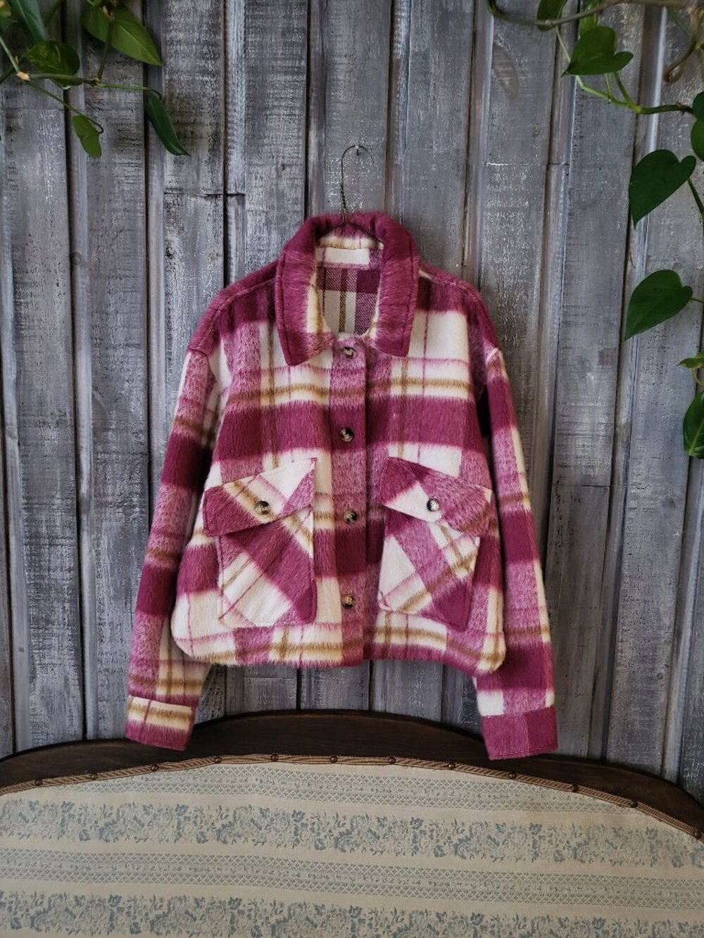 Pink Plaid Cropped Shacket Jacket Cozy Flannel Oversized Cream PTP 24.5" NWOT